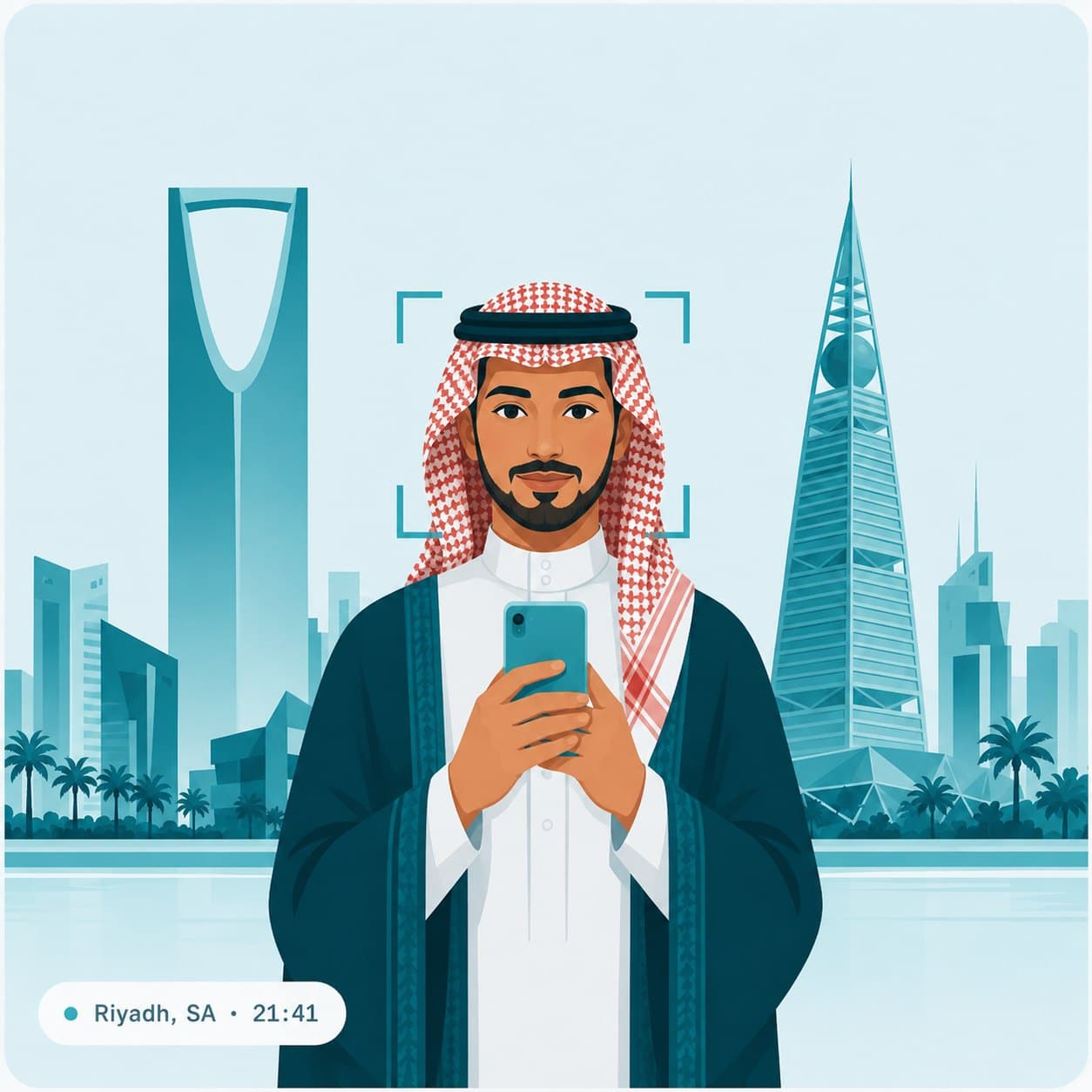 Faisal verifying their identity on their phone in Riyadh