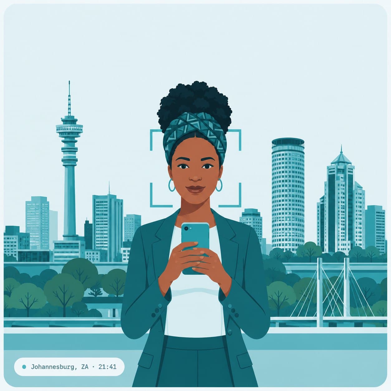 Naledi vérifiant son identité sur son téléphone à Johannesburg